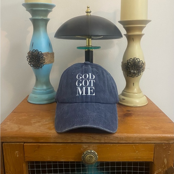 🙌🏽 ✨3 for $30 GOD GOT ME. Washed Denim Graphic Hat. Color: Blue/Black/ White - Picture 3 of 6